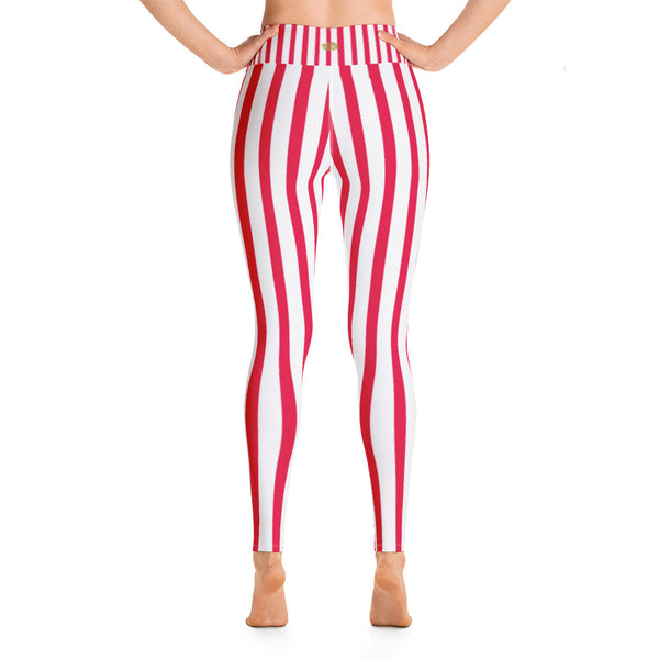 Women's White & Red Stripe Active Wear Fitted Leggings - Made in USA-Leggings-Heidi Kimura Art LLC Red Striped Women's Leggings, Women's White & Red Stripe Active Wear Fitted Circus Leggings Sports Long Yoga & Barre Pants - Made in USA/EU (US Size: XS-XL)