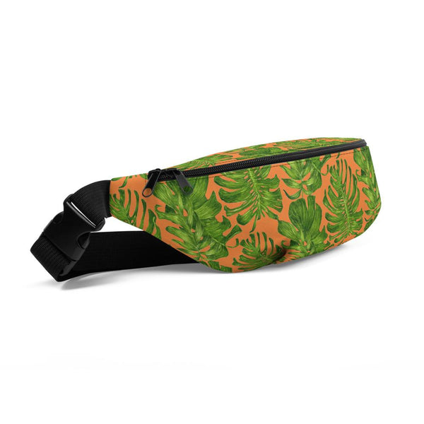 Orange Tropical Leaf Print Designer Waist Belt Bag Fanny Pack Waist Bag- Made in USA-Fanny Pack-Heidi Kimura Art LLC