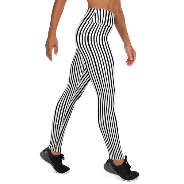 Black White Vertical Stripes Women's Long Stretchy Yoga Leggings Pants- Made in USA/EU-Leggings-Heidi Kimura Art LLC Black Vertical Stripes Women's Leggings, Black White Vertical Stripes Print Premium Women's Active Wear Fitted Leggings Sports Long Yoga & Barre Pants, Sportswear, Gym Clothes, Workout Pants - Made in USA/ EU (US Size: XS-XL)