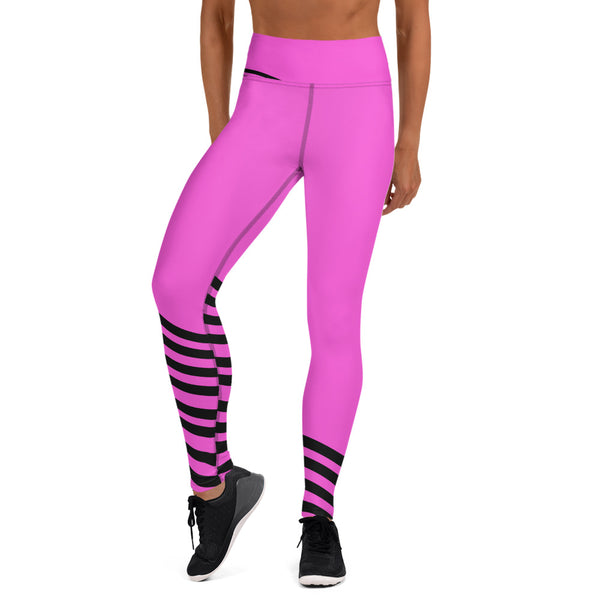 Pink Black Striped Yoga Leggings, Women's Yoga Pants-Made in USA/EU-Heidi Kimura Art LLC-Heidi Kimura Art LLC