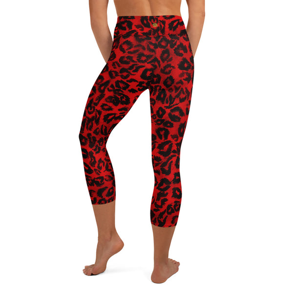 Red Leopard Animal Print Women's Premium Yoga Capri Leggings - Made in USA/ EU-Capri Yoga Pants-Heidi Kimura Art LLC