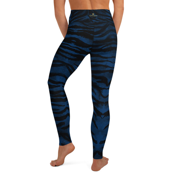 Blue Tiger Striped Yoga Leggings, Animal Print Women's Long Fitness Gym Pants-Made in USA/EU-Heidi Kimura Art LLC-Heidi Kimura Art LLC Navy Blue Tiger Leggings, Tiger Stripe Women's Leggings, Dark Blue Black Women's Tiger Stripe Animal Skin Pattern Active Wear Fitted Leggings Sports Long Yoga & Barre Pants - Made in USA/EU