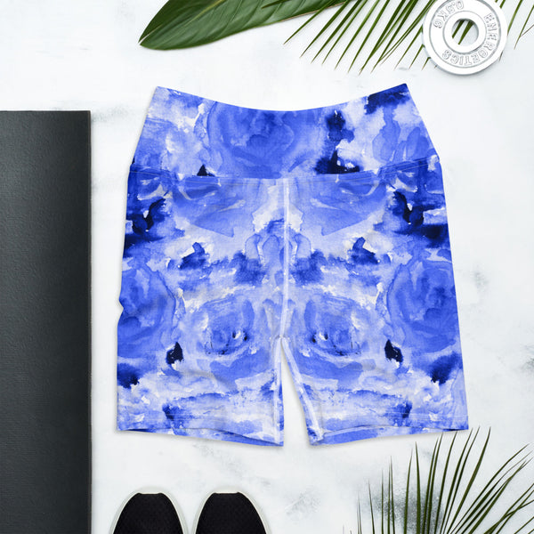 Blue Floral Yoga Shorts, Rose Floral Yoga Tights, Abstract Print Classic Premium Quality Women's High Waist Spandex Fitness Workout Yoga Shorts, Yoga Tights, Fashion Gym Quick Drying Short Pants With Pockets - Made in USA/EU (US Size: XS-XL)