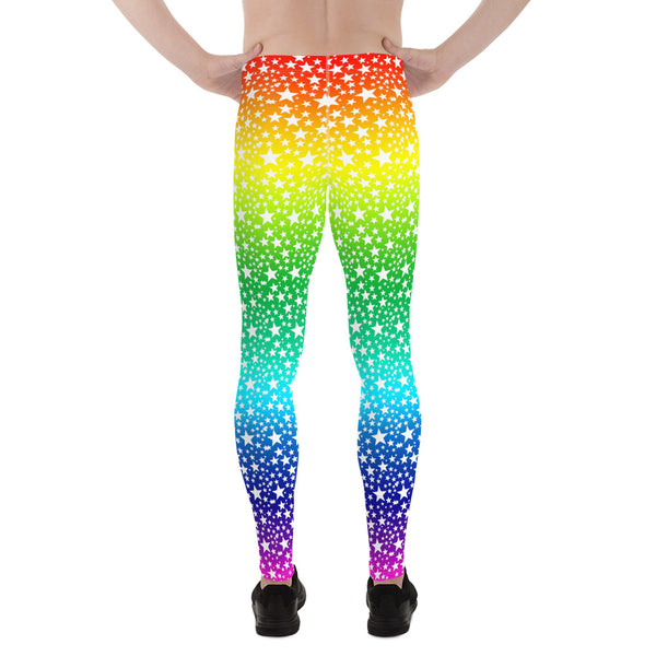 Rainbow White Stars Meggings, Gay Pride Men's Leggings Tights-Made in USA/EU-Heidi Kimura Art LLC-Heidi Kimura Art LLC Rainbow White Stars Meggings, Gay Pride Parade Men's Tights, Rainbow Ombre Star Print 38-40 UPF Fitted Elastic Men's Leggings Sexy Workout Compression Tights/ Pants- Made in USA/EU (US Size: XS-3XL)