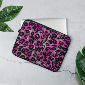 Pink Leopard Animal Print Cute Designer Laptop Sleeve Cover Protective Case-Made in USA/EU-Laptop Sleeve-13 in-Heidi Kimura Art LLC