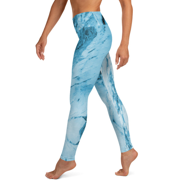 Blue Marble Yoga Leggings, Abstract Print Women's Yoga Pants-Heidi Kimura Art LLC-Heidi Kimura Art LLC