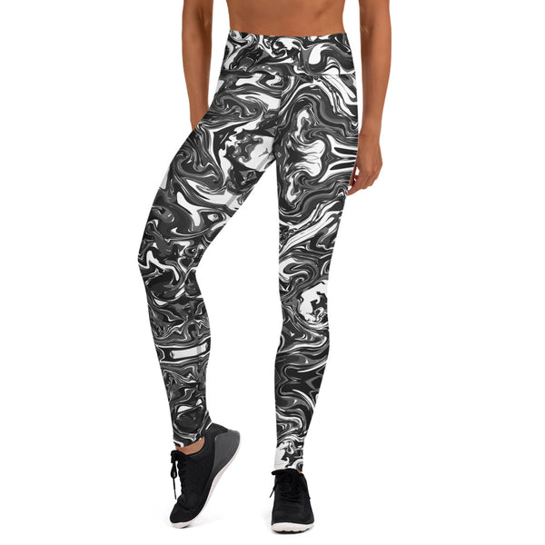 Black Marble Yoga Leggings, Marble Print Long Tights-Made in USA/EU-Heidi Kimura Art LLC-Heidi Kimura Art LLC