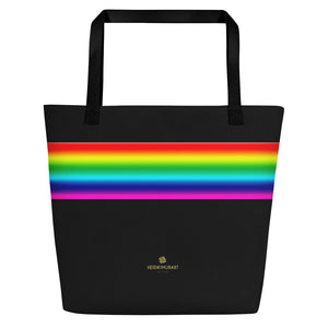 Black Rainbow Stripe Print Designer 16"x20" Large Beach Shopping Tote Bag- Made in USA/EU-Beach Tote Bag-Black-Heidi Kimura Art LLC