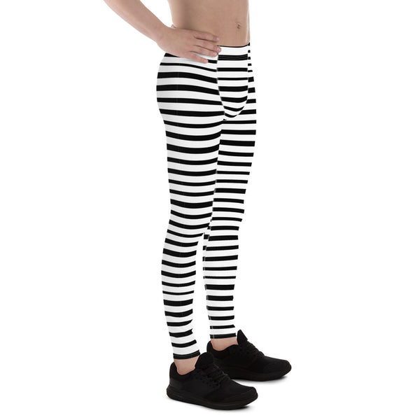 Black White Stripe Horizontal Print Premium Men's Leggings Stretchy Tights - Made in USA/EU-Men's Leggings-Heidi Kimura Art LLC