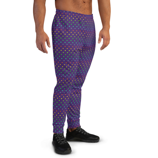 Purple Rainbow Polka Dots Print Designer Men's Joggers-Made in EU (US Size: XS-3XL)-Men's Joggers-Heidi Kimura Art LLC