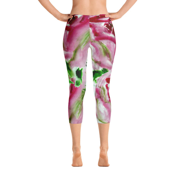 Red Rose Floral Print Women's Designer Capri Leggings Spandex Tightts- Made in USA-capri leggings-XS-Heidi Kimura Art LLC