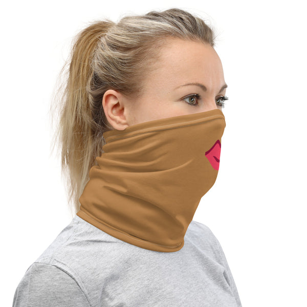 Red Lips Brown Face Mask, Funny Washable Reusable Neck Gaiter-Heidi Kimura Art LLC-Heidi Kimura Art LLC