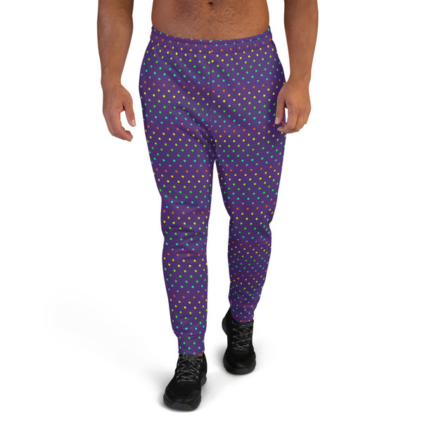 Purple Rainbow Polka Dots Print Designer Men's Joggers-Made in EU (US Size: XS-3XL)-Men's Joggers-XS-Heidi Kimura Art LLC