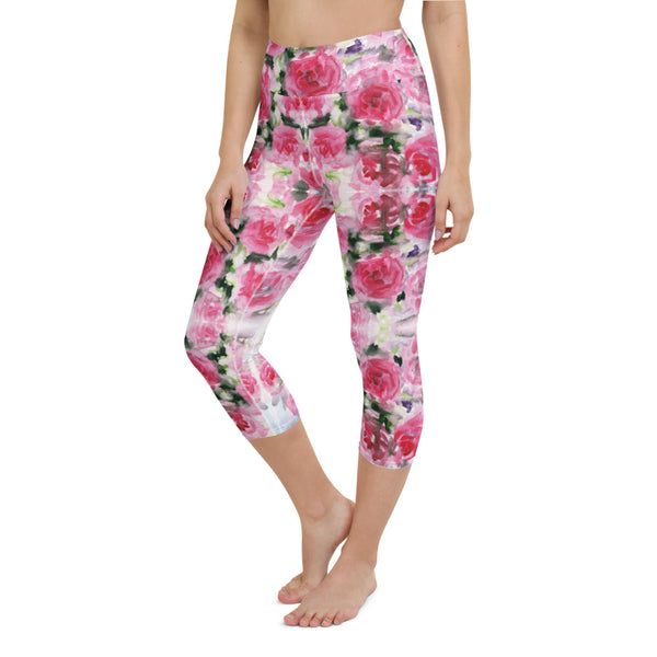 Pink Rose Yoga Capri Leggings-Heidikimurart Limited -Heidi Kimura Art LLC Pink Rose Yoga Capri Leggings, Floral Flower Print Comfy Capri Leggings Yoga Fitness Tight Gym Pants - Made in USA/EU/MX (US Size: XS-XL)