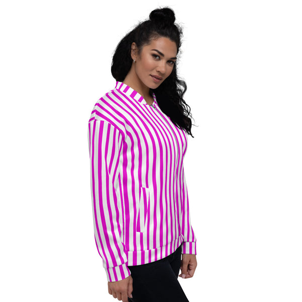 Pink Stripe Bomber Jacket, Unisex Jacket For Men or Women-Heidi Kimura Art LLC-Heidi Kimura Art LLC Pink Stripe Bomber Jacket, Vertical Striped Print Jacket, Modern Premium Quality Modern Unisex Jacket For Men/Women With Pockets-Made in EU