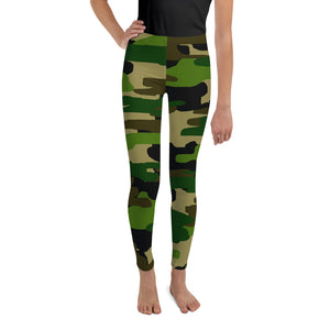 Girl Military Green Camouflage Active Wear Sports Gym Youth Leggings, Made in USA/EU-Youth's Leggings-8-Heidi Kimura Art LLC