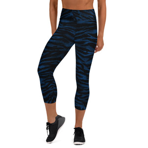 Blue Tiger Striped Capri Leggings, Animal Print Women's Yoga Capri Tights-Made in USA/EU-Capri Yoga Pants-Printful-XS-Heidi Kimura Art LLC