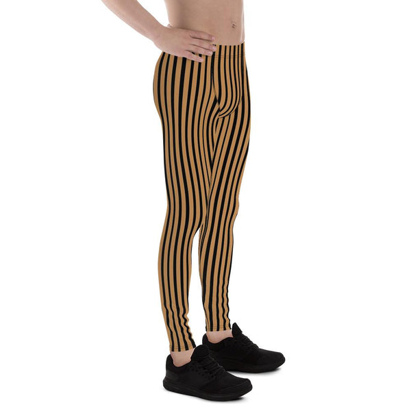 Tan Nude Black Stripe Print Premium Men's Leggings Meggings Tights - Made in USA/EU-Men's Leggings-Heidi Kimura Art LLC