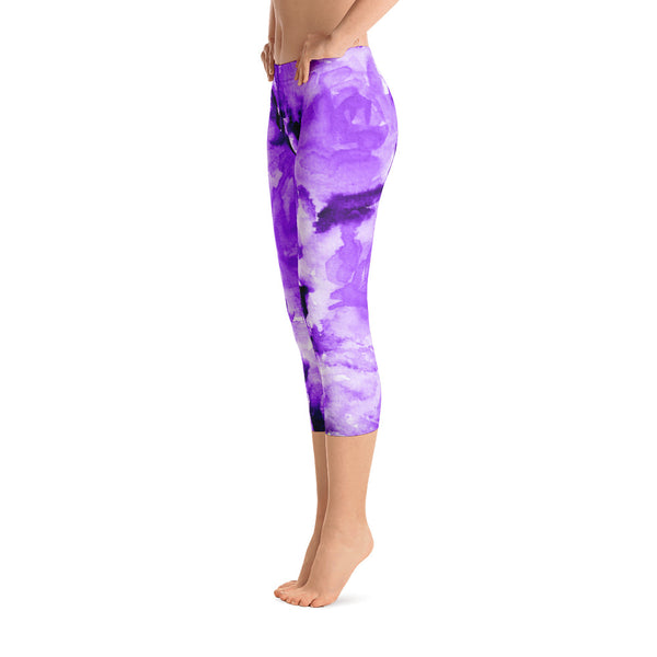 Purple Rose Floral Designer Capri Leggings Activewear Outfit Yoga Pants - Made in USA-capri leggings-Heidi Kimura Art LLC