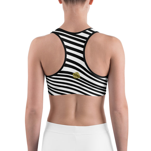 Chic White Black Diagonal Stripe Print Women's Fitness Bra - Made in USA-Sports Bras-Heidi Kimura Art LLC