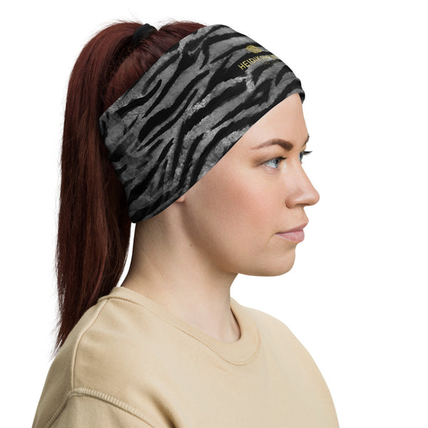 Gray Tiger Striped Neck Gaiter, Animal Print Face Mask Shield, Luxury Premium Quality Cool And Cute One-Size Reusable Washable Scarf Headband Bandana - Made in USA/EU, Face Neck Warmers, Non-Medical Breathable Face Covers, Neck Gaiters, Face Mouth Cloth Coverings  