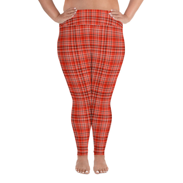 Red Plaid Scottish Tartan Print Women's Long Yoga Pants Plus Size Leggings-Women's Plus Size Leggings-2XL-Heidi Kimura Art LLC