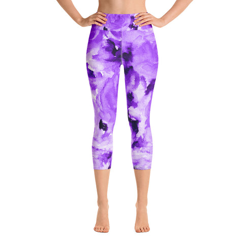 Purple Rose Floral Print Women's Capri Leggings Yoga Pants With Roses - Made in USA-Capri Yoga Pants-XS-Heidi Kimura Art LLC