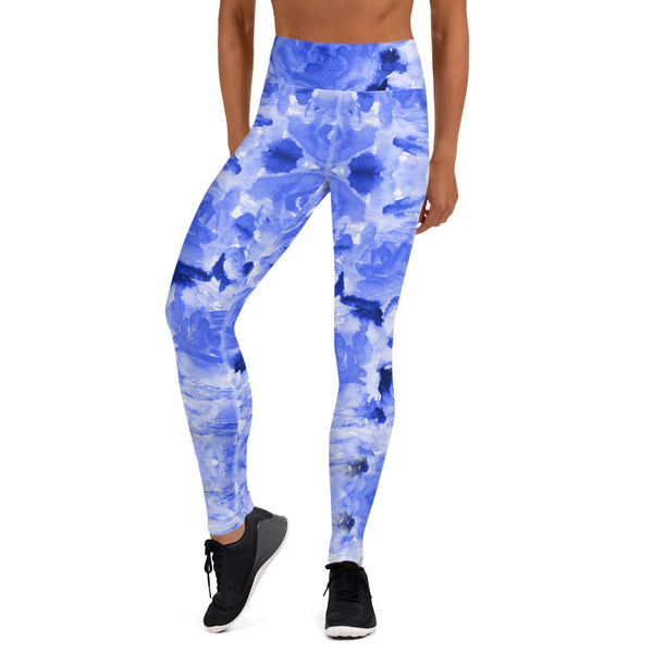 Blue Rose Yoga Leggings, Floral Print Women's Long Tights-Made in USA/EU-Heidi Kimura Art LLC-Heidi Kimura Art LLC