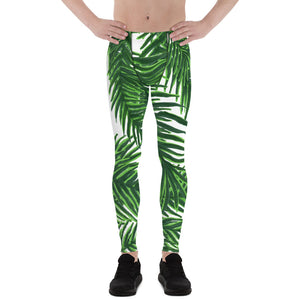 Green White Tropical Palm Leaf Print Designer Men's Leggings Tights - Made in USA/EU-Men's Leggings-XS-Heidi Kimura Art LLC