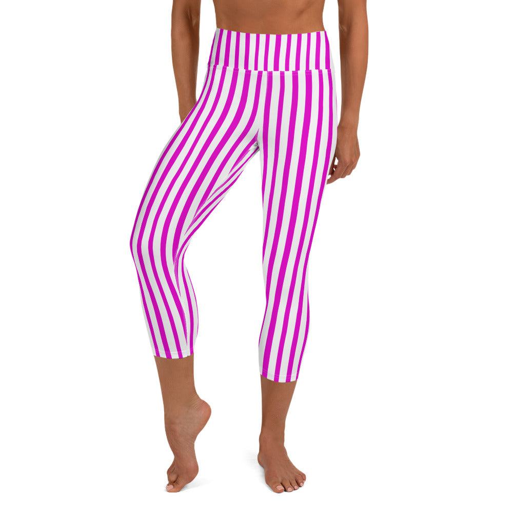 Pink White Vertical Stripe Print Women's Yoga Capri Leggings Pants- Made in USA/ EU-Capri Yoga Pants-XS-Heidi Kimura Art LLC