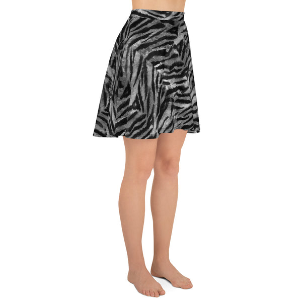Gray Tiger Striped Print Skater Skirt, High-Women's Skirt-Made in USA/EU(US Size: XS-3XL)-Skater Skirt-Heidi Kimura Art LLC