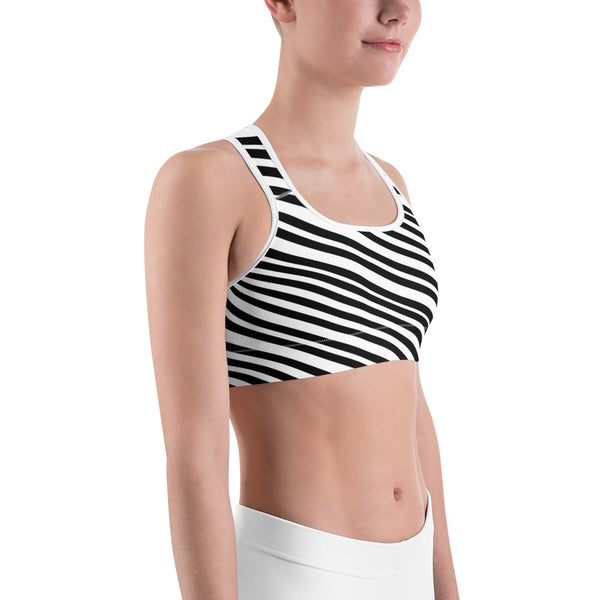 Chic White Black Diagonal Stripe Print Women's Fitness Bra - Made in USA-Sports Bras-Heidi Kimura Art LLC