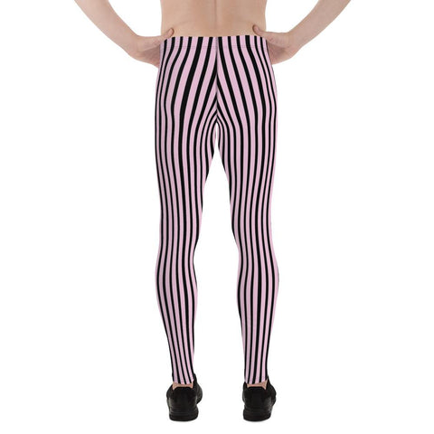 Light Pink Black Striped Meggings, Premium Men's Leggings With Stripes- Made in USA/EU-Men's Leggings-Heidi Kimura Art LLC