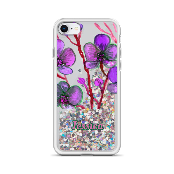 Personalized Orchid Glitter iPhone Case, Floral Print Liquid Glitter Phone Case-Heidi Kimura Art LLC-Pink-iPhone SE-Heidi Kimura Art LLC