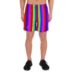 Rainbow Striped Shorts, Gay Pride Men's Athletic Long Shorts-Made in EU-Heidi Kimura Art LLC-XS-Heidi Kimura Art LLC Rainbow Striped Shorts, Gay Pride LGBTQ Friendly Rainbow Stripes Flag Print Men's Athletic Best Long Shorts- Made in EU (US Size: XS-3XL)