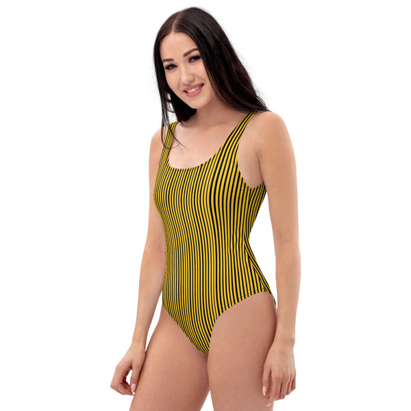 Yellow Striped Women's Swimwear, One-Piece Swimsuit-Heidi Kimura Art LLC-Heidi Kimura Art LLC Yellow Striped Women's Swimwear, Vertical Stripe Print Designer Luxury 1-Piece Swimwear Bathing Suits, Beach Wear - Made in USA/EU (US Size: XS-3XL) Plus Size Available
