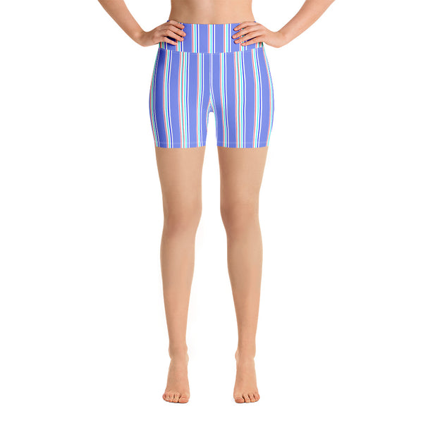 Blue Striped Yoga Shorts, Vertical Stripes Women's Tights-Made in USA/EU-Heidi Kimura Art LLC-Heidi Kimura Art LLC Blue Striped Yoga Shorts, Vertical Stripes Modern Classic Premium Quality Women's High Waist Spandex Fitness Workout Yoga Shorts, Yoga Tights, Fashion Gym Quick Drying Short Pants With Pockets - Made in USA (US Size: XS-XL)