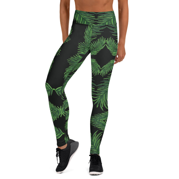 Black Tropical Leaf Print Yoga Leggings, Green Palm Leaf Women's Yoga Tights-Made in USA/EU-Heidi Kimura Art LLC-Heidi Kimura Art LLC