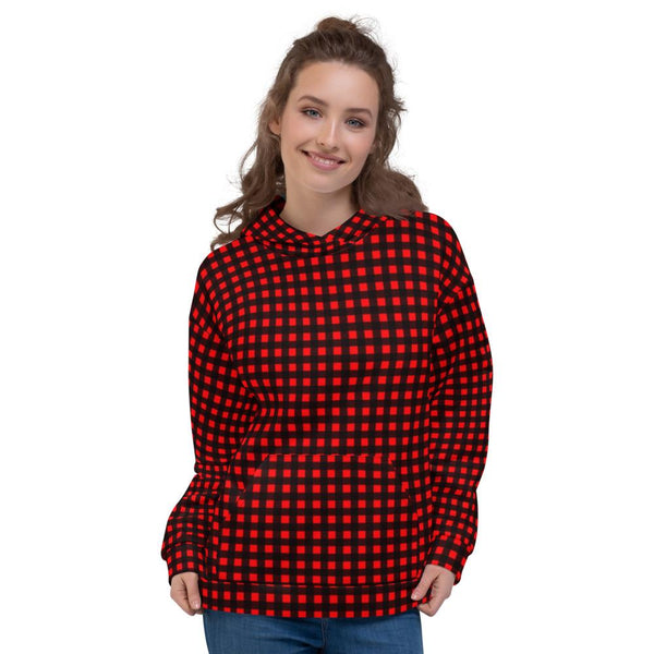 Buffalo Red Plaid Print Women's Unisex Soft Fleece Designer Hoodie- Made in Europe-Women's Hoodie-Heidi Kimura Art LLC