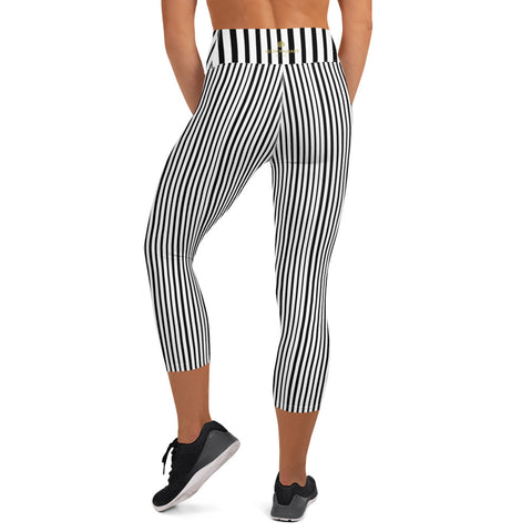 Black White Vertical Stripe Print Women's Yoga Capri Leggings Pants- Made in USA/EU-Capri Yoga Pants-Heidi Kimura Art LLC