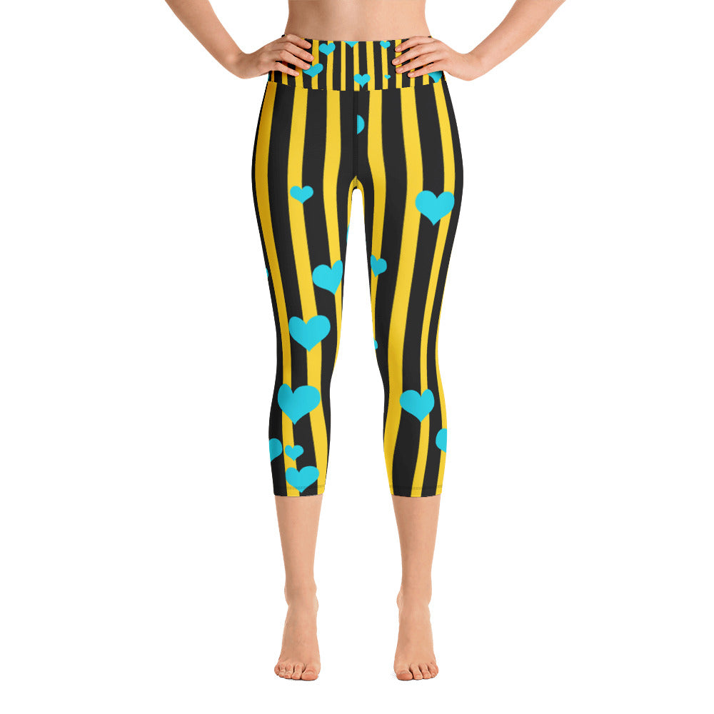 Black Yellow Striped Yoga Capri Pants, Women's Capris Leggings w/ Pockets -Made In USA-Capri Yoga Pants-XS-Heidi Kimura Art LLC
