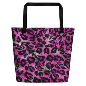 Pink Leopard Animal Print 16"x20" Beach Bag With Large Inside Pocket- Made in USA/EU-Beach Tote Bag-Black-Heidi Kimura Art LLC