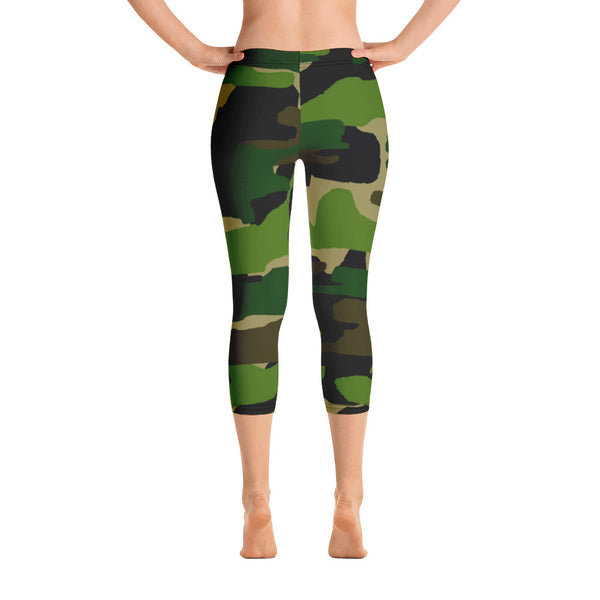 Green Women's Military Camouflage Print Capri Leggings - Made in USA (US Size: XS-XL)-capri leggings-XS-Heidi Kimura Art LLC