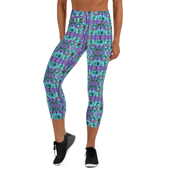 Purple Blue Capris Tights, Orchids Floral Print Pattern Women's Yoga Capri Leggings-Heidi Kimura Art LLC-Heidi Kimura Art LLC