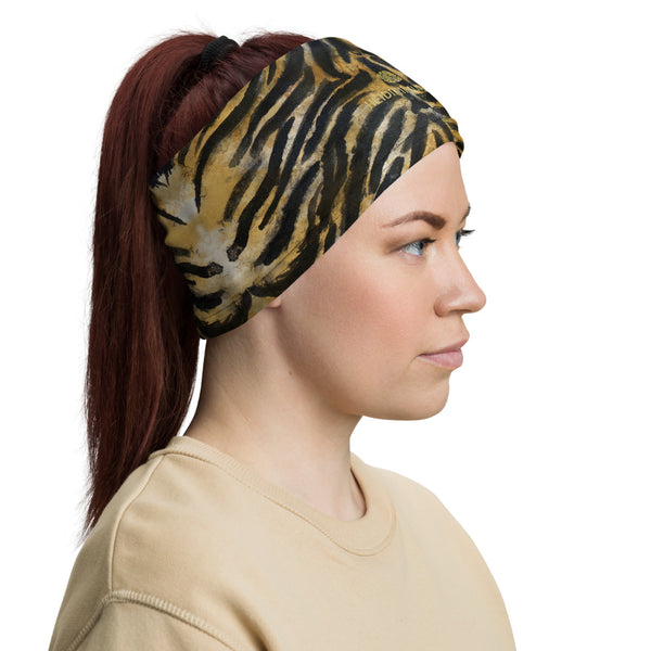 Brown Tiger Stripe Neck Gaiter, Animal Print Face Mouth Covering Masks-Made in USA/EU-Neck Gaiter-Printful-Heidi Kimura Art LLCBrown Tiger Striped Neck Gaiter, Animal Print Face Mask Shield, Luxury Premium Quality Cool And Cute One-Size Reusable Washable Scarf Headband Bandana - Made in USA/EU, Face Neck Warmers, Non-Medical Breathable Face Covers, Neck Gaiters, Face Mouth Cloth Coverings  