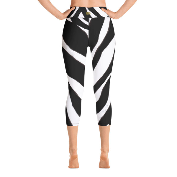 Zebra Stripe Print Designer Women's Yoga Capri Leggings Pants-Capri Yoga Pants-Heidi Kimura Art LLCZebra Yoga Capri Leggings, Black + White Zebra Stripe Print Designer Women's Yoga Capri Leggings Pants with Inside Pockets - Made in USA/EU (US Size: XS-XL)