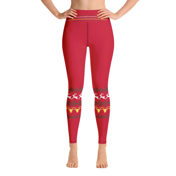 Red Reindeer Christmas Yoga Leggings, Modern Festive Xmas Women's Tights-Heidikimurart Limited -Heidi Kimura Art LLC Red Reindeer Christmas Yoga Leggings, Modern Festive Xmas Party Animal Print Gym Active Fitted Leggings Sports Yoga Pants - Made in USA/EU/MX (US Size: XS-XL)