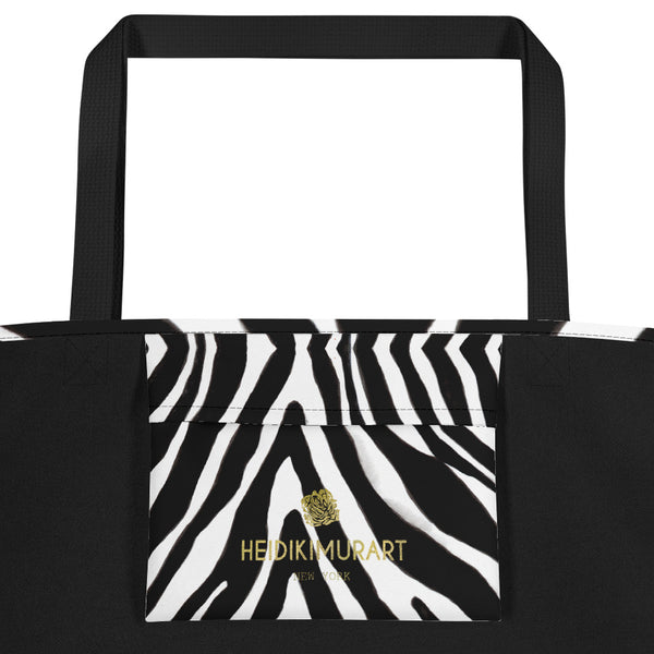 Designer Black White Zebra Animal Pattern Print Large Tote 16"x20" Beach Bag- Made in USA/EU-Beach Tote Bag-Heidi Kimura Art LLC
