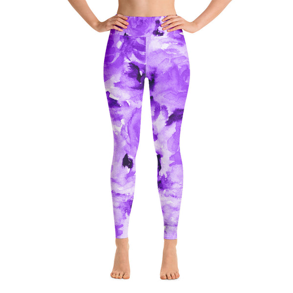 Purple Floral Yoga Leggings, Abstract Flower Print Long Tights-Made in USA/EU-Heidi Kimura Art LLC-Heidi Kimura Art LLC