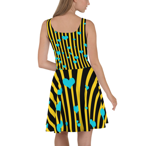 Yellow + Black Striped Women's A-line Long Best Skater Dress Sizes XS-3XL - Made in Europe-Skater Dress-Heidi Kimura Art LLC Yellow Black Striped Women's Dress, Yellow + Black Striped with Hearts Long Best Quality Premium Women's A-line Skater Dress - Made in Europe (US  Sizes XS-3XL)